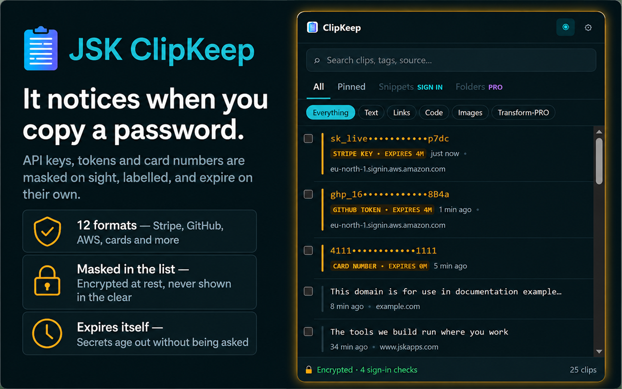 Three copied secrets shown masked — a Stripe key, a GitHub token and a card number — each labelled with its type and an expiry time.