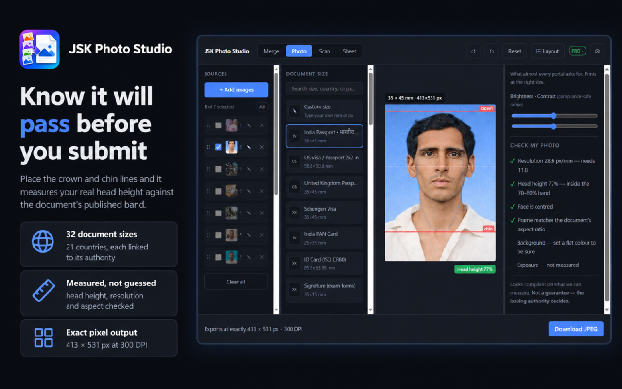 Passport size photo maker — checks head height before you submit
