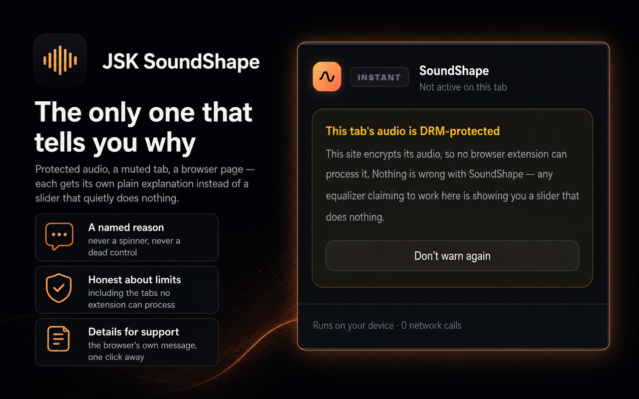 The screen no rival has — a DRM-protected tab explained in plain English instead of failing silently.