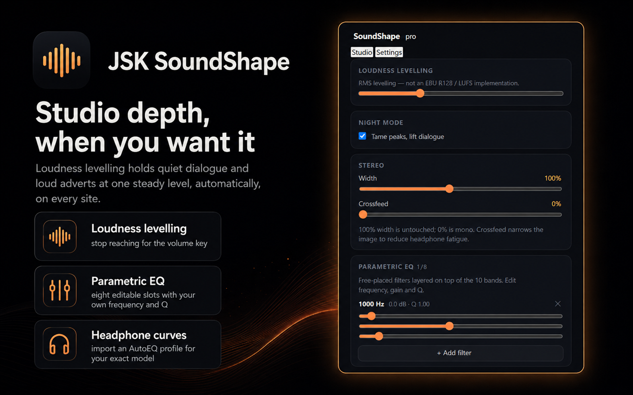 The Studio panel (Pro): loudness levelling, parametric EQ, night mode and crossfeed.
