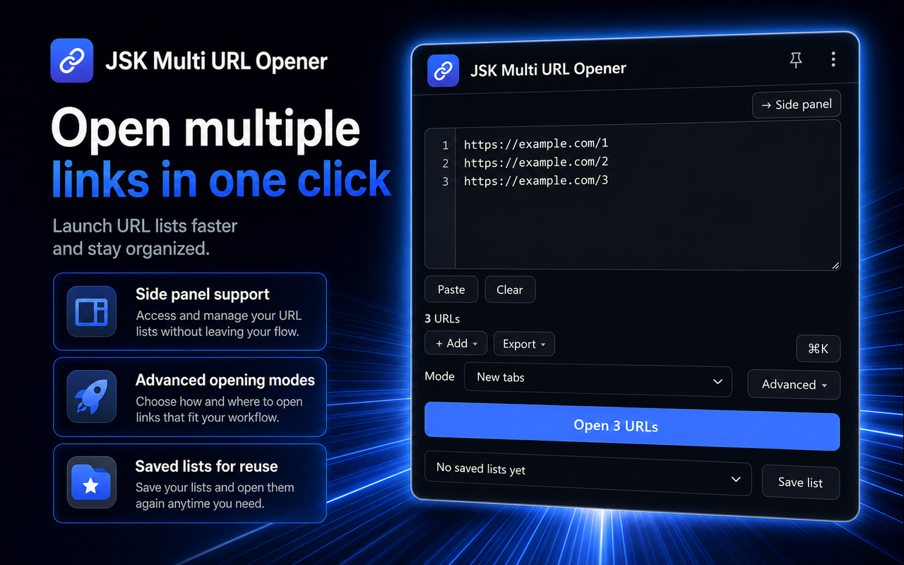 Paste a list of URLs, see the live count, and open them all in one click.