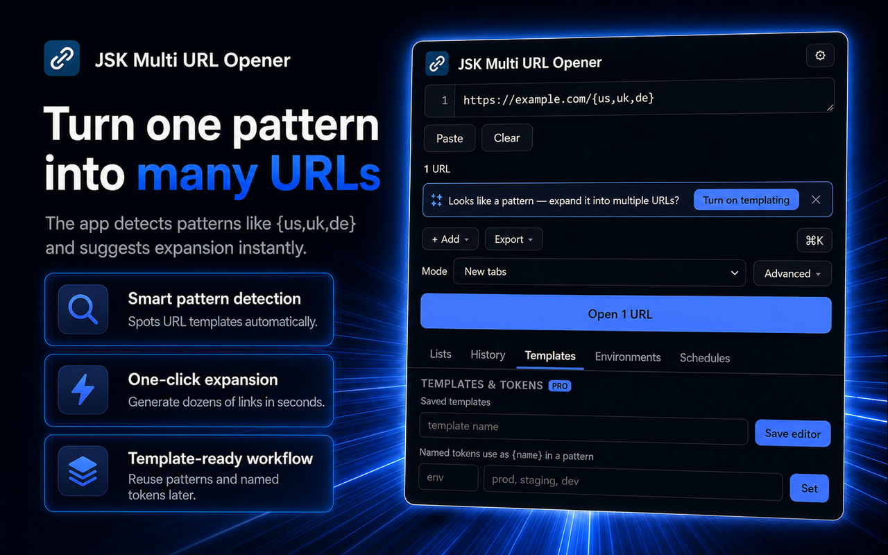 A suggestion chip spots a pattern in your list and offers to expand it into dozens of URLs.