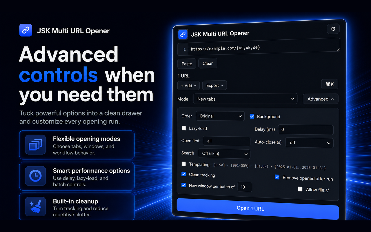 Advanced options tuck into a drawer — modes, delay, lazy loading, ordering and cleanup.